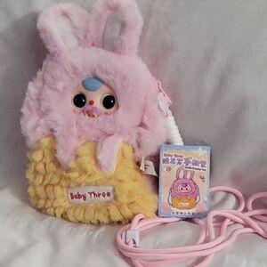 Baby Three Pink and Yellow Bunny Plush Travel Phone Bag